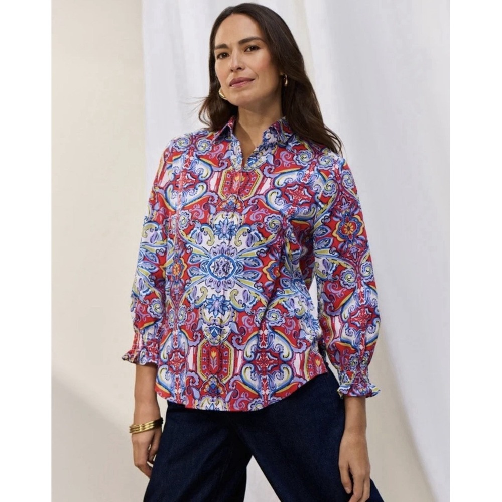 Foxcroft Olivia Mediterranean Tiles 3/4 Sleeve Shirt M Hidden Button Front $128